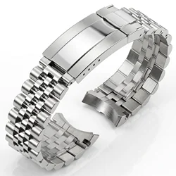 Luxury Solid Stainless Steel Watch Band with Curved End and Safety Clasp - 20mm - 20mm (Silver)