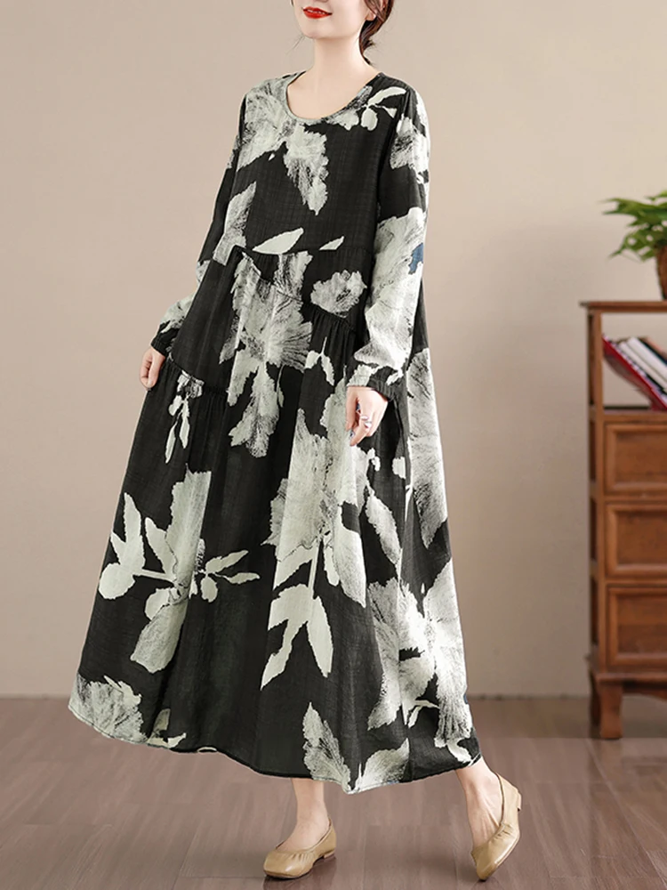 2025 Spring Autumn Cotton Long Sleeve Print Vintage Dresses Women Casual Loose Long Dress Office Lady Vestidos Elegant Clothing