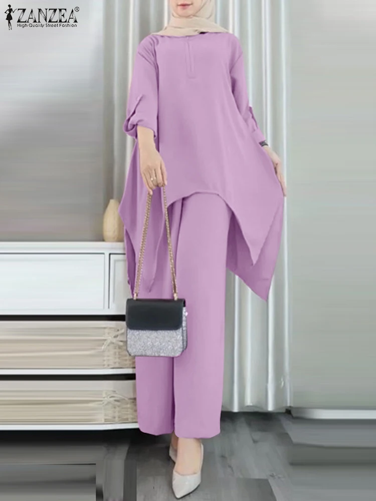 

Винтажные турецкие мусульманские комплекты ZANZEA 2 шт. блузка с длинным рукавом с асимметричным подолом свободные брюки женские элегантные фонарики оверсайз 2024