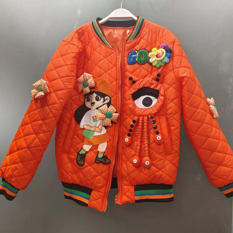 

Chic Women Orange 3D Flowers Girls Appliques Quilted Cotton Coat Winter Autumn Warm Cotton Padded Zippers Jacket Parka Caridgan