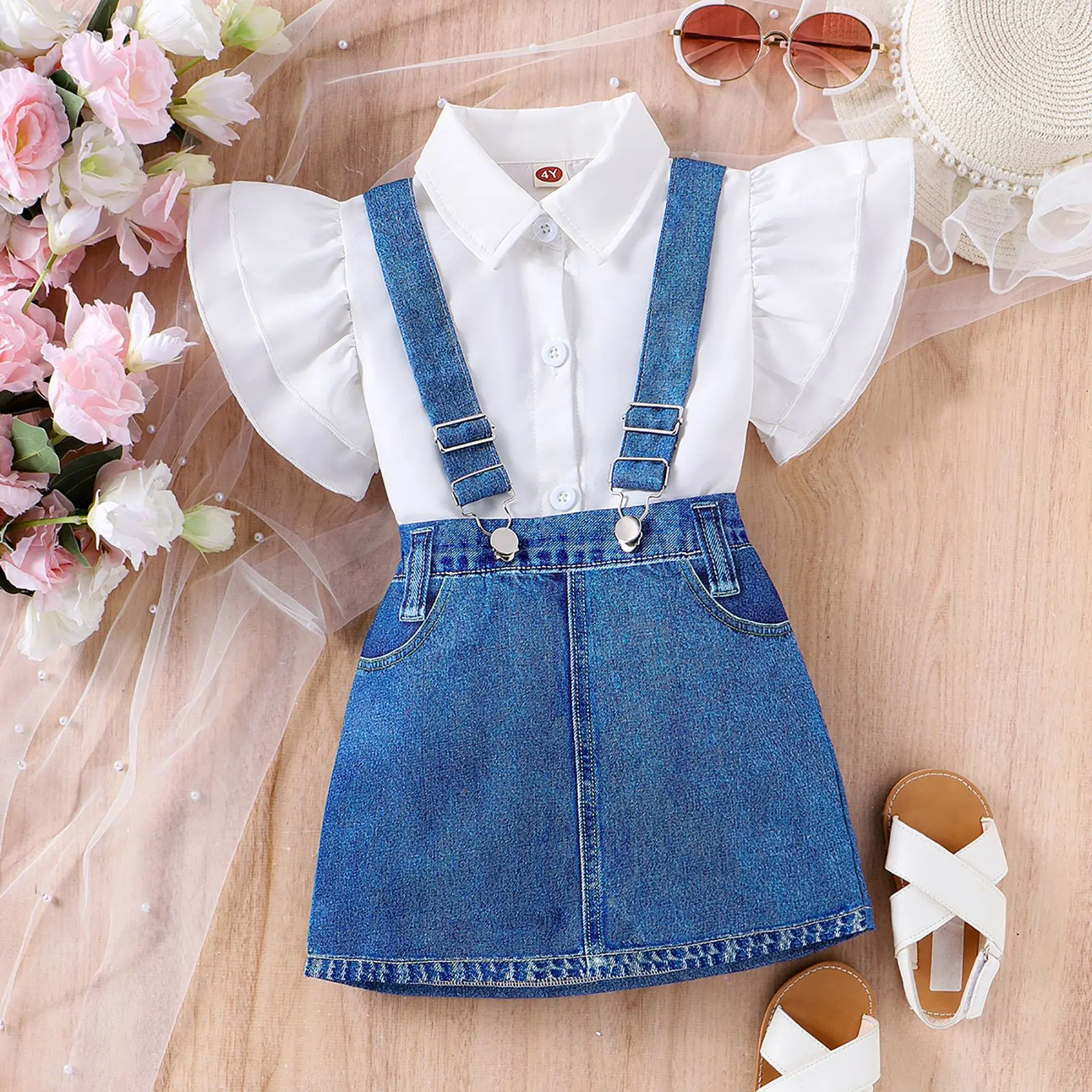

2024 Europe United States summer 1-9Y girls children's solid color flying sleeve top suspenders skirt children's leisure suit