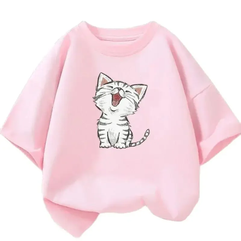 

Girls Clothes 2024 Summer Fashion T-Shirt Fun And Cute Cat Kitten Print Short-Sleeved Tops Children Summer Clothes