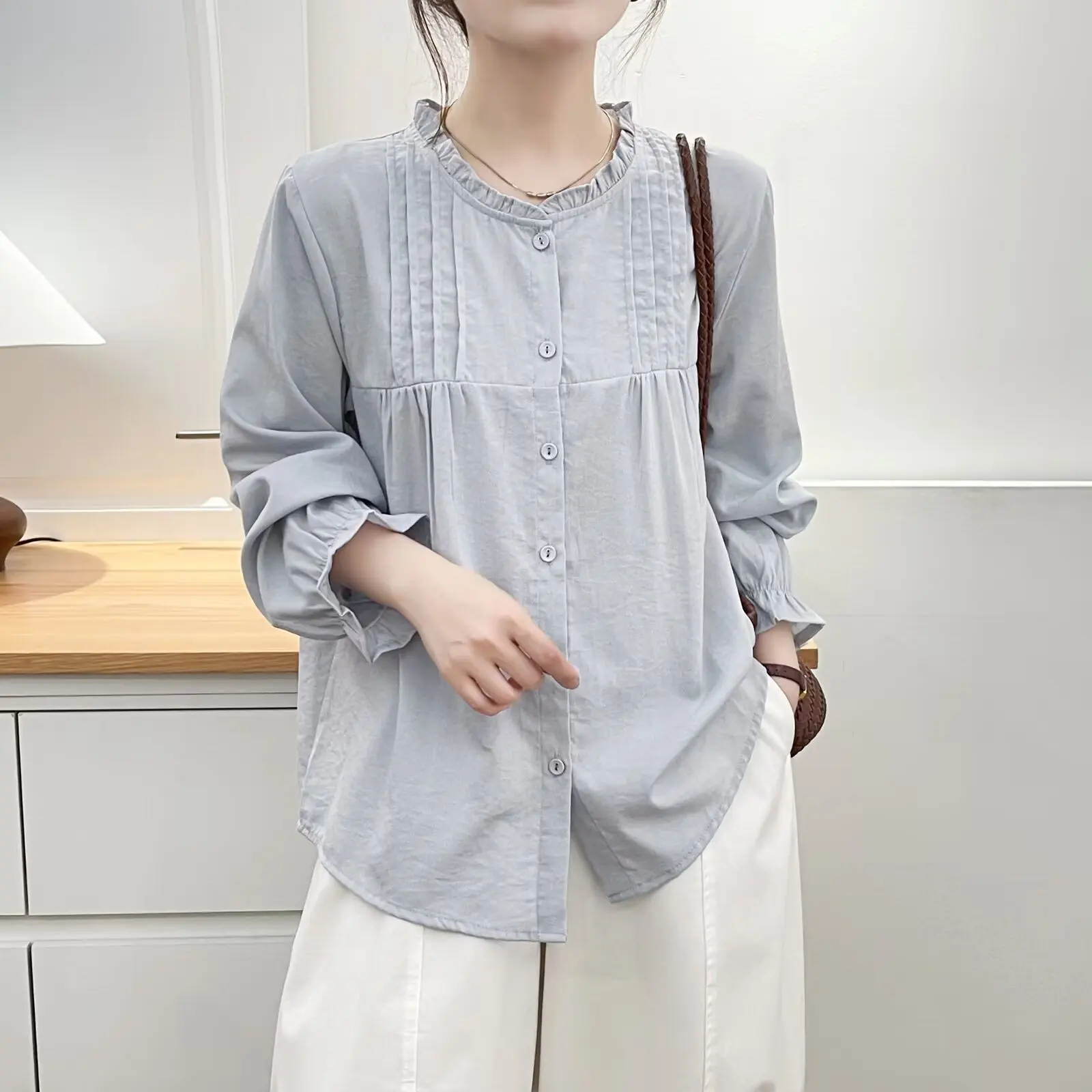 Fashion Plus Size Women's Blouses 2025 Autumn Style Ruffle Collar Long Sleeve Shirt Stylish Fold Top 011