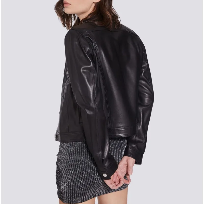 Women's Black Genuine Lambskin Leather Women Trucker Leather Jacket Fashion Trends