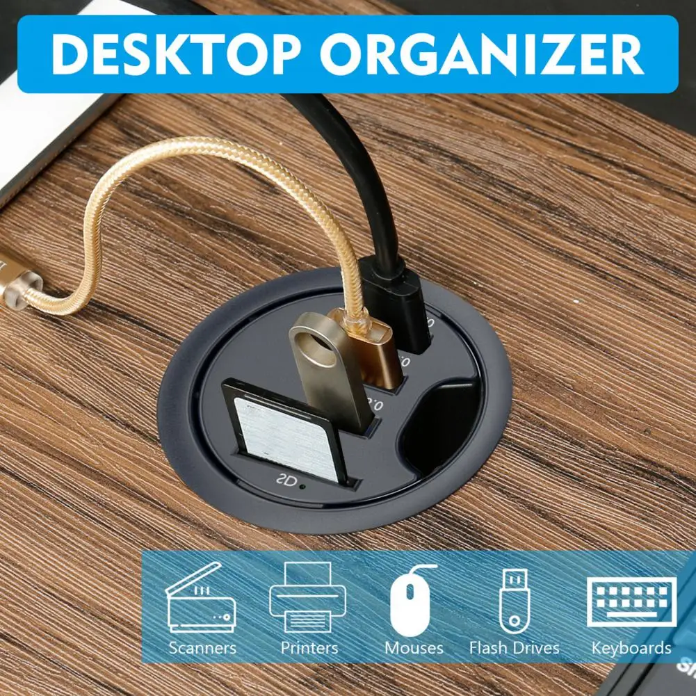 

USB Hub 5 In 1 Multiport USB3.0 TF/SD-card Reader Hole In-Desk 5Gbps Data Transfer USB Desk Grommet Office Supplies