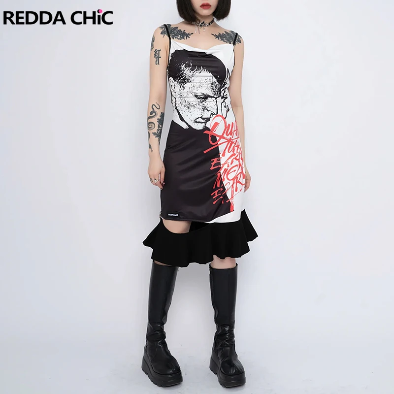 

REDDACHiC Character Graffiti Ruffle Hem Mini Dress Women Aesthetic Print Cut-out Sleeveless Camisole Dress Y2k Grunge Streetwear