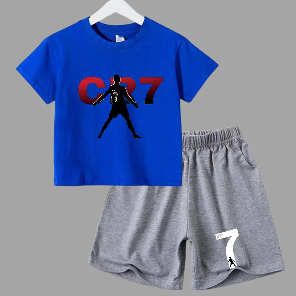 Traje deportivo de verano CR7 Ronaldo para niños de 2 a 14 años, conjunto de 2 piezas, camisetas de manga corta informales y pantalones cortos, conjuntos de ropa de ídolo para niños