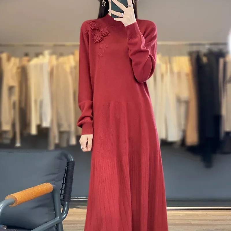 

Mid-Length 100% Pure Wool Dress Women's Semi-High Neck Autumn And Winter New Embroidered Loose Knit Bottoming Dress