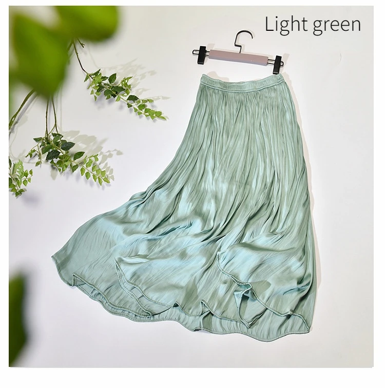 Summer Silky Skirt Elastic High Waist Glossy Silky Long Skirt Sea-Island Filament A-line Skirts Beach Vacation Pearlescent Dress