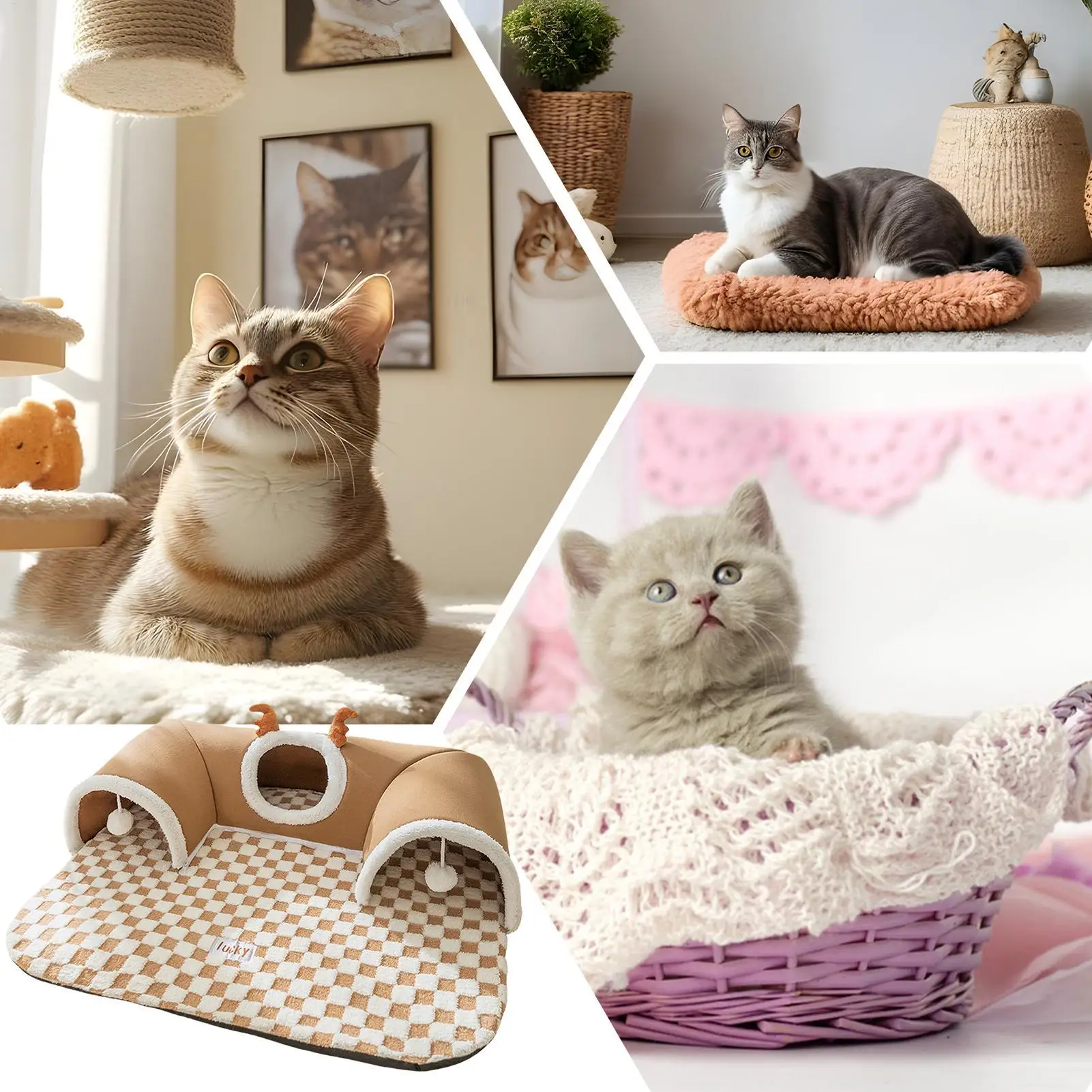 Collage of three cats on beds, a checkered mat, and KittyNook Cat Co.'s Winter Warm Plush Tunnel Cat Bed in bright rooms.