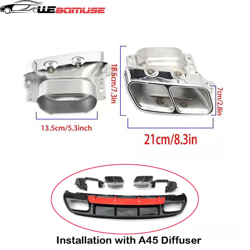 For Mercedes-Benz W176 A180 A200 A260 Muffler Tailpipe Upgrade A45 Bumper Stainless Steel Square Exhaust System