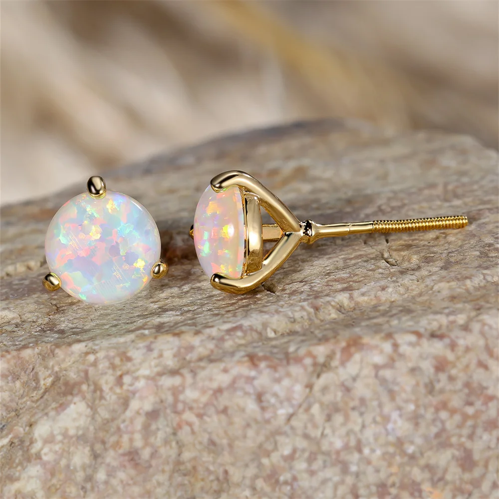 6/7/8MM Round Stone Screw Back Earring White Fire Opal Stud Earrings For Women Trendy Gold Color Wedding Jewelry Minimalist Gift