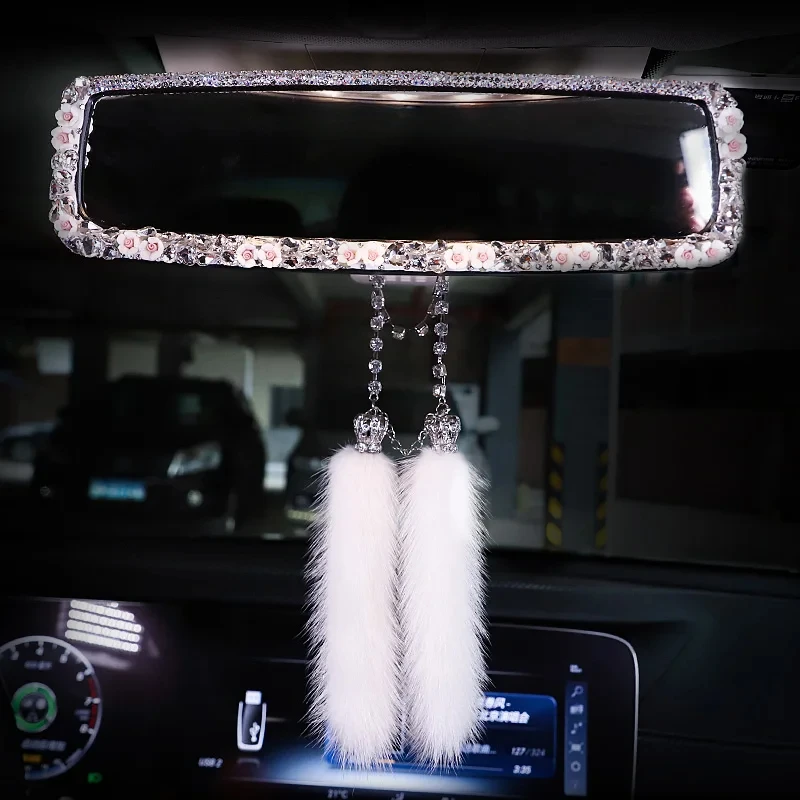 Bling Rhinestone Car Rear View Mirror with Flowers Decor Crystal Diamond Rearview Mirror Covers Auto Bling Accessories for Women