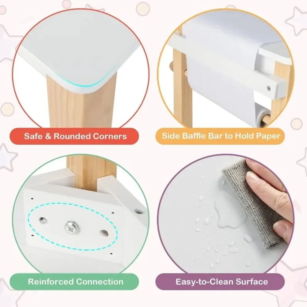 Kids Table and Chair Set, Toddler Study Desk w/Paper Roll, Drawer, 2 Marker Pens, Wooden Activity Table Set for Playroom 6
