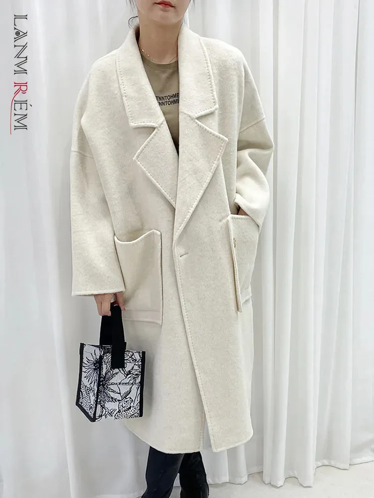 

LANMREM Office Lady Wool Long Coat Solid Color Notched Collar Single Button Pockets Loose Women Clothing 2023 Winter New 2AA3481