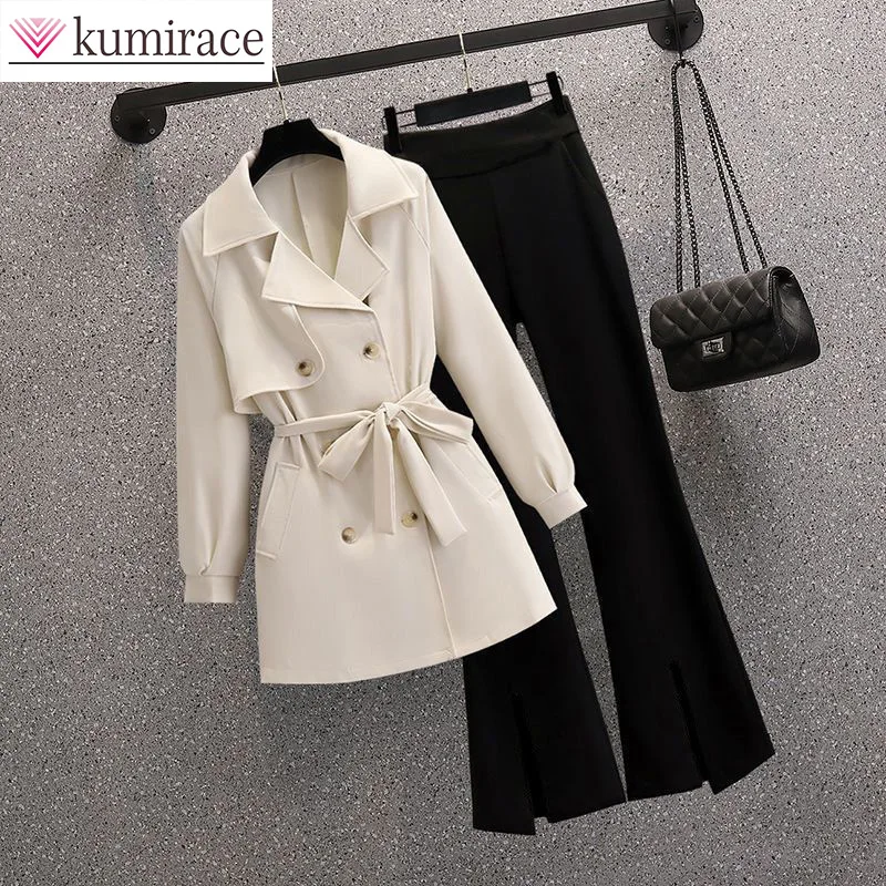 Single/Set Large Women's 2023 Autumn Korean Version New Trench Strap Coat Micro Raglan Pants Two Piece Set for Women Pant Sets mini hand drill tools micro electric drill grinding polishing drilling cutting sets power tool accessories electric mill