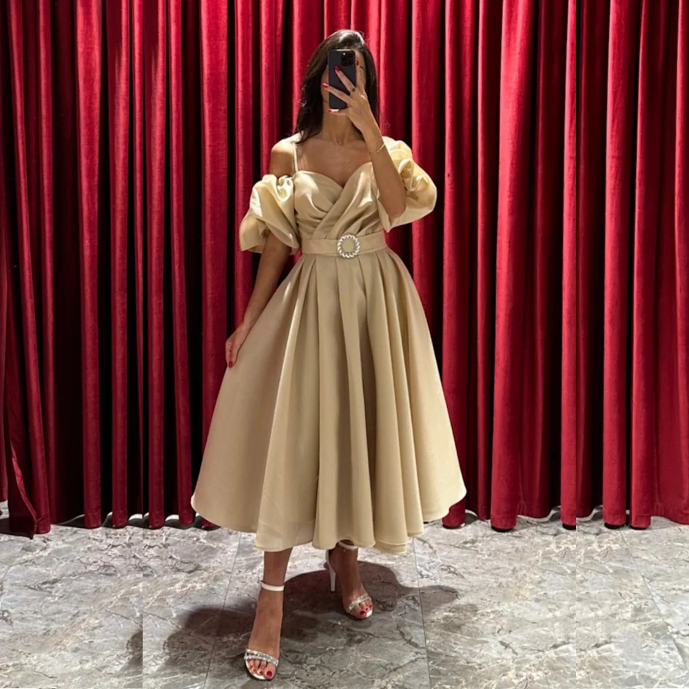 

Mignon Chiffon A-line Sweetheart Prom Gown Belt Ruffle Tea-length Populer Formal Elegant Evening Party Dress for Women 2023