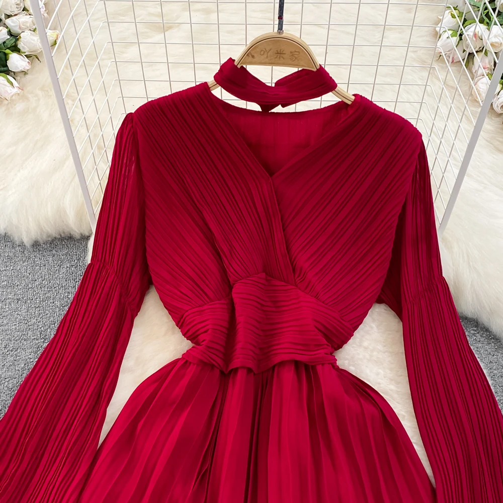 Autumn Flare Sleeve V-neck Midi Dresses for Women Solid Pleated A-line Elegant Party Dress Korean Fashion One Piece Vestidos New