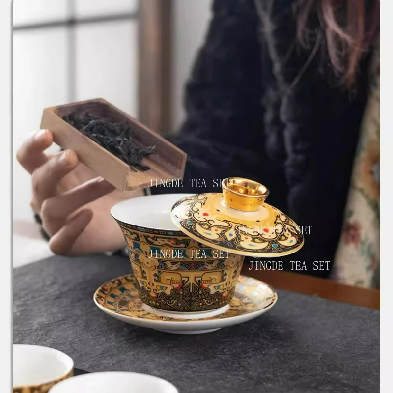 150ml Hoverable Ceramic Lid Bowl High End Lamb Fat Jade Kung Fu Tea Cup Tea Bowl Household Drinking Utensils Underglaze Colour