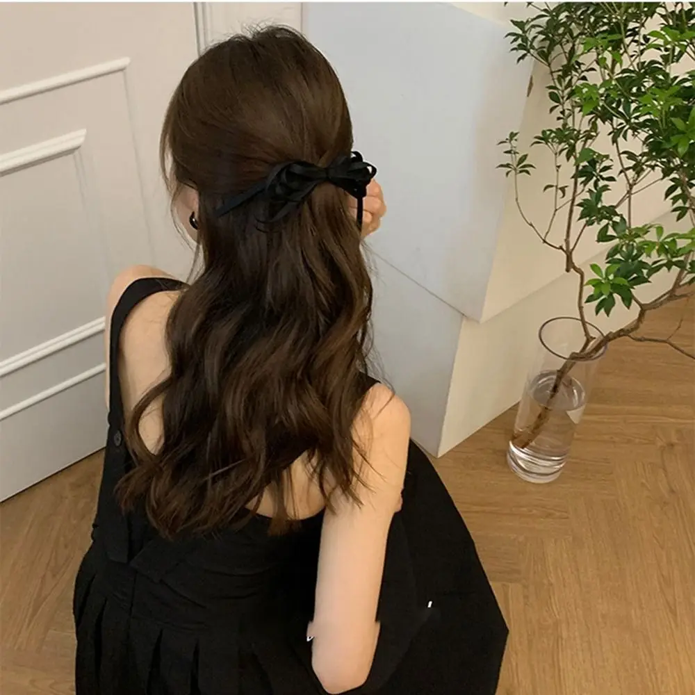 Korean Balletcore Ribbon Bow Hairpin Sweet Cute Girl Black Bowknot Hair Tie Hair Rope Spring Clip Female Hair Accessories