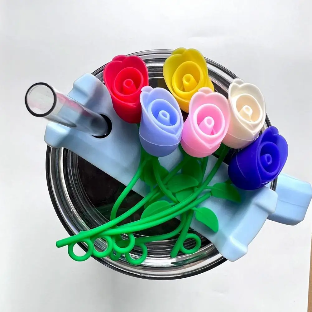 6-10MM Rose Flower Straw Cover BPA Free Silicone Reusable Dust-proof No Spill Tumbler Straw Tip Plug Topper Protector Cup Supply