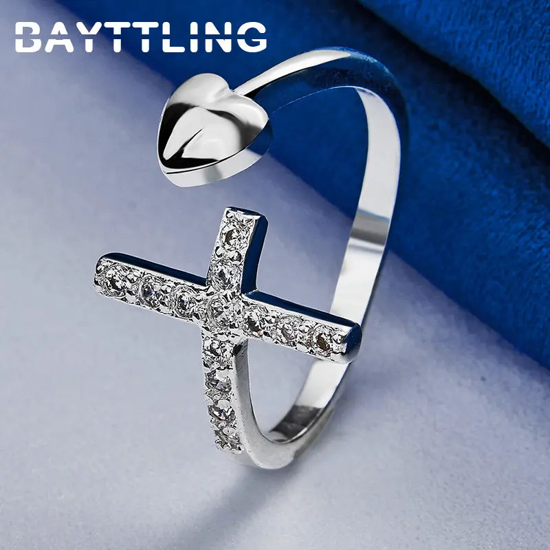 

925 Sterling Silver Women's Ring Heart Opening Cross Zircon Ring For Fashion Temperament Gift Wedding Party Jewelry