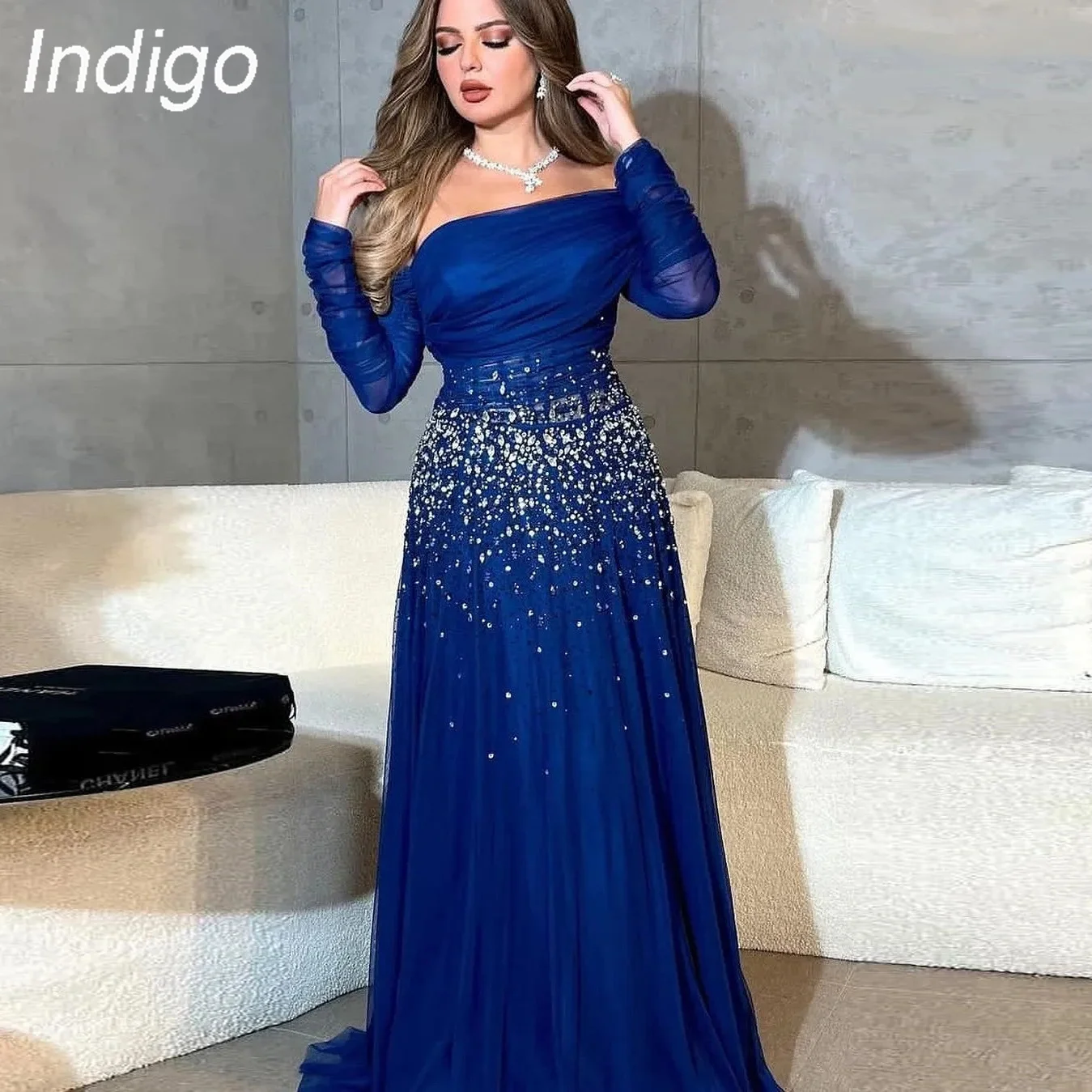 

Indigo Prom Dresses Off Shoulder Floor-Length A Line Bead Formal Evening Party Dress For Women 2024 Robe De Soiree فساتين السهرة