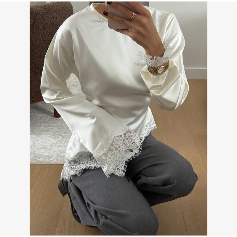 Casual Lace Patchwork Lace-up Tops Women's Slim Belted Waist-cinching Round Neck Pullovers 2026 New Ladies Spring Solid Shirt