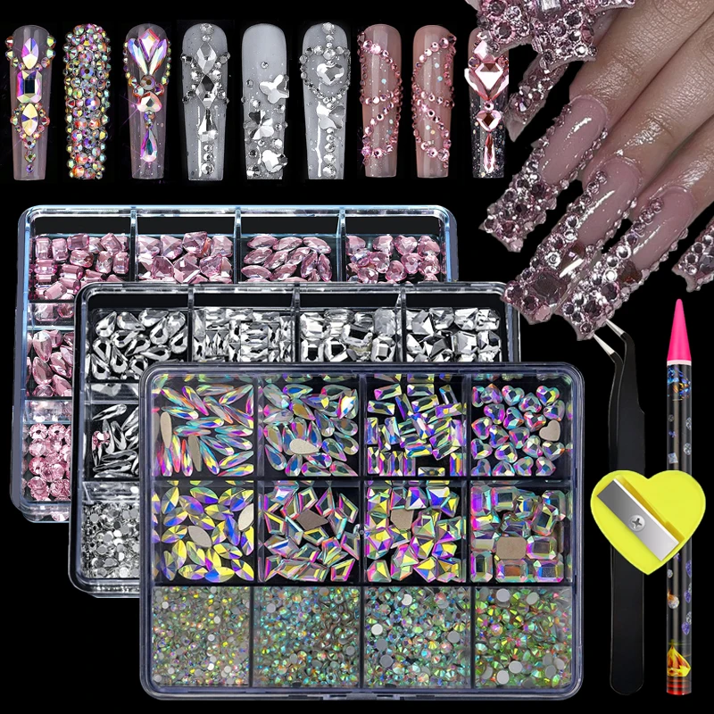 Nail Art Rhinestones Glass Crystal Nail Art AB Gem Rhinestones 12Grids Mixed shapes Heart Flat Bottom Crystal 3D Jewelry Charms Diamond Nails Supplies