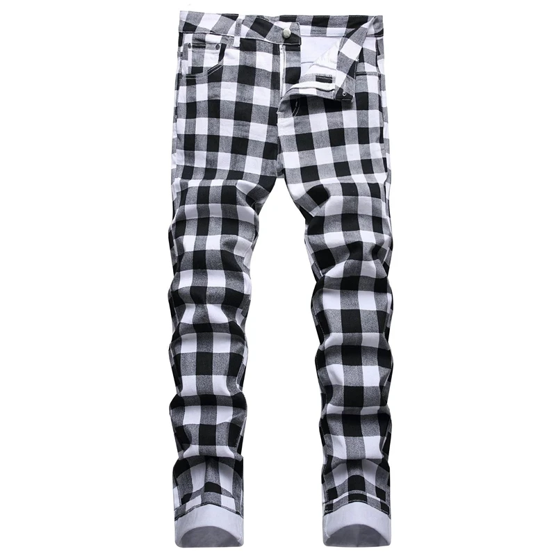 

Original Design Men Jeans Black White Plaid Printed Jeans Fashion Slim Stretch Denim Pants Trendy Straight Trousers Plus Size 42