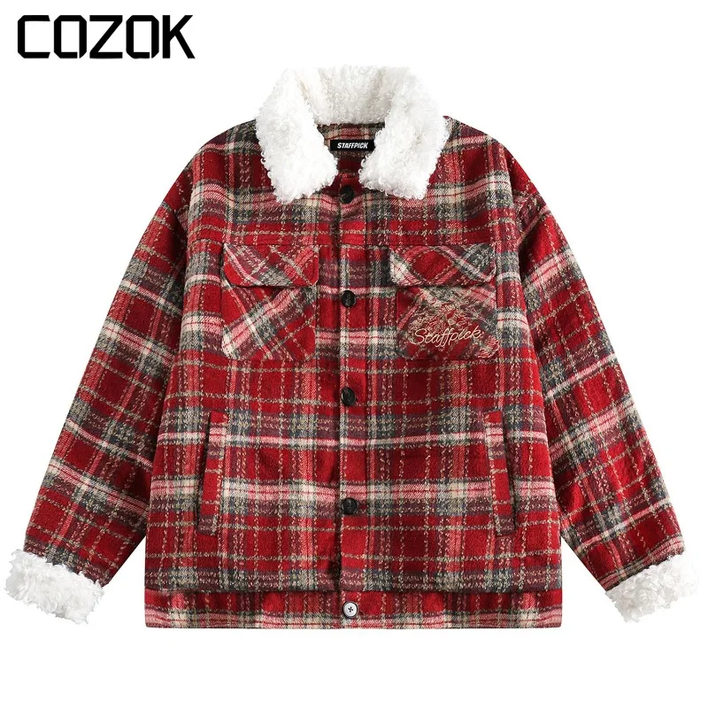 

American Vintage Lambswool Men Women Oversize Padded Jacket Streetwear Plaid Embroidery Parka Cotton Harajuku Winter Coat