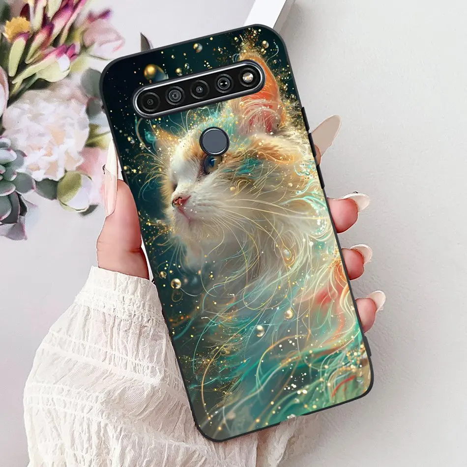 Elegant Floral Cat Printed Black Silicone Phone Case