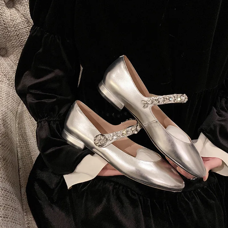 Summer New Sweet Silver Water Diamond with Round Head, Thick Heels, Mary Jane Single Shoes for Women In Foreign Trade gothic lolita shoes round head mary jane shoes japanese college girl jk uniform pu leatehr platform strap waterproof low heels