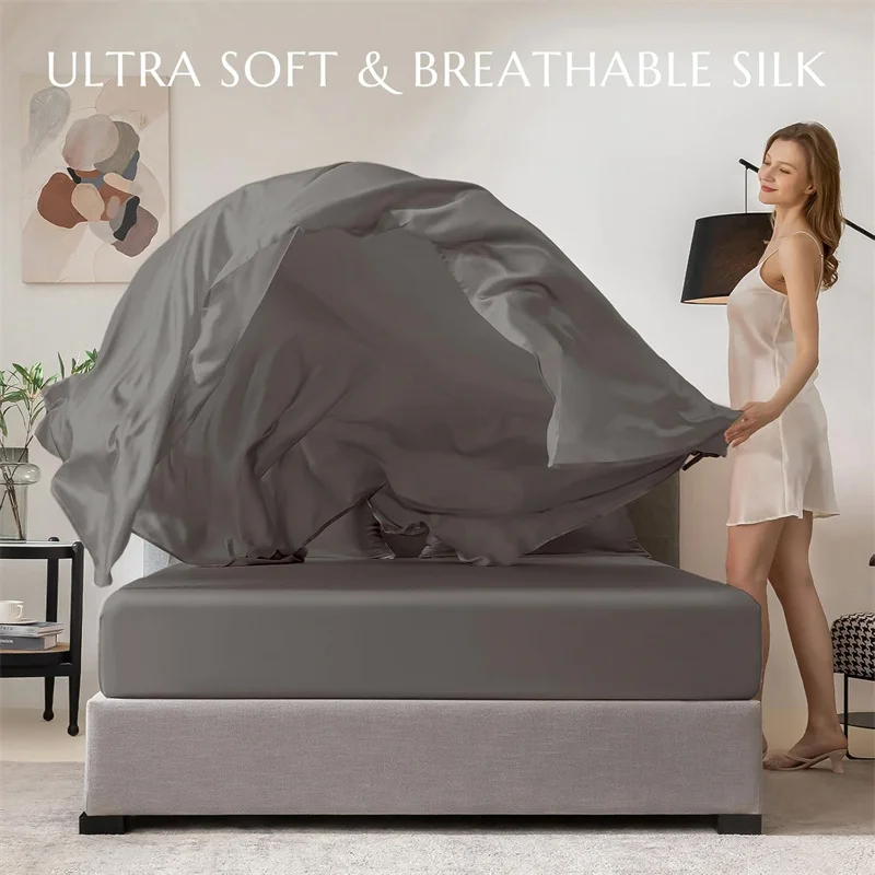 100% Mulberry Silk Bed Sheet Sets Luxuriously Smooth Bedding Set Silky Fitted Sheet Flat Sheets Pillowcase Washable High End 6