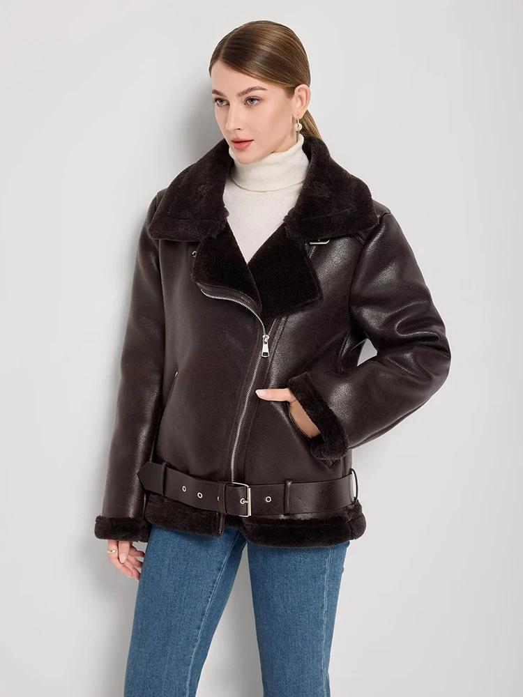 2025 Winter Women Faux Fur Leather Jacket Casual Thick Warm Jackets High Street Motorcycle Coat Long Sleeve Belt New Outerwears