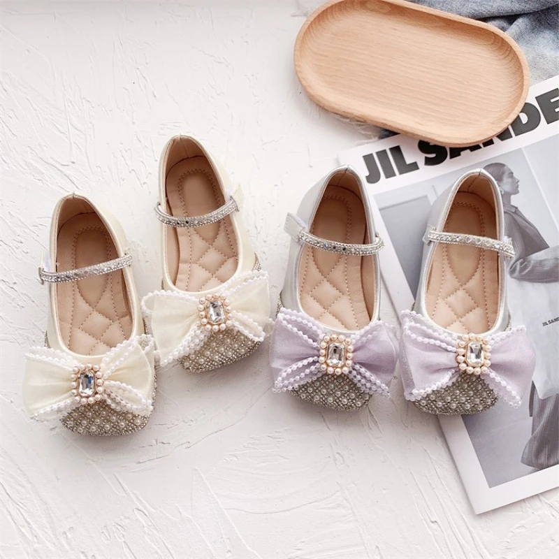 

Diamond Bow Pearl Shoes Soft Sole Princess Girls Spring Autumn Foreign Style