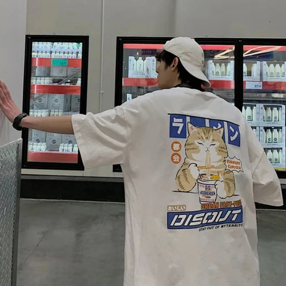 Harajuku Cat Cartoon Eating Noodles Graphic Men Women Tshirts Casual Short Sleeve Tees Japan Style LooseT Shirt Clothing