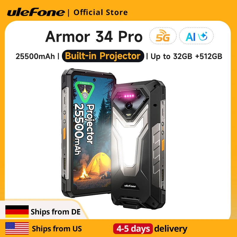 【Ships from US】Ulefone Armor 34 Pro 5G AI Rugged Phone 25500mAh Up to 32GB+512GB Built-in Projector 120Hz 6.95 1