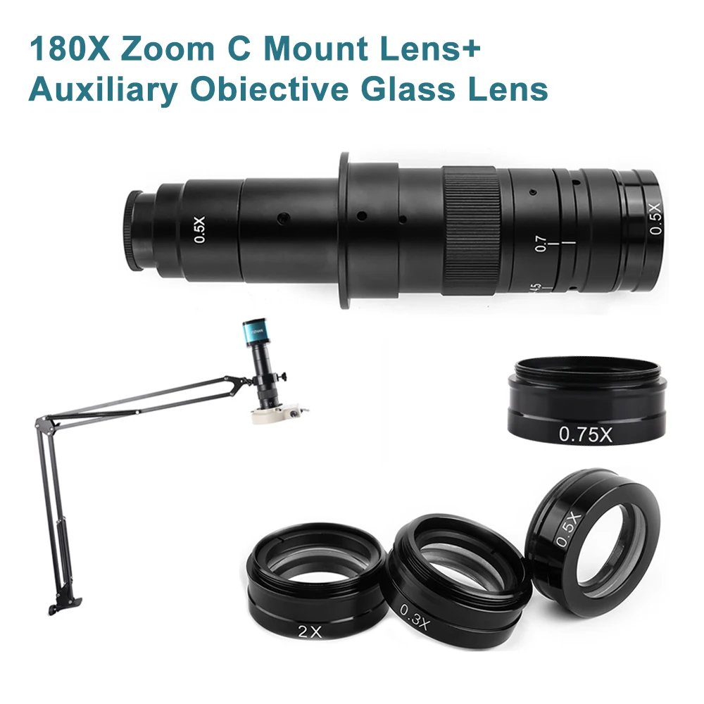 

180X Monocular Zoom Glass Lens 0.3X 0.5X 0.75X 2X Barlow Auxiliary Objective Lens Fit For Industrial Video Microscope Camera