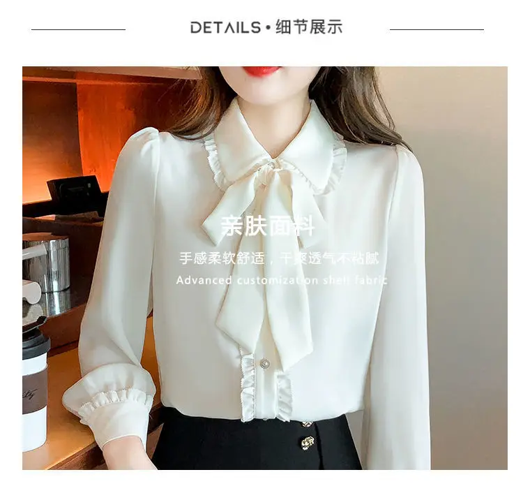 Bow Tie White Chiffon Shirt 2022 Spring Summer Korean Fashion Blouse Lace Elegant Long Sleeve Shirt for Female Casual Clothing