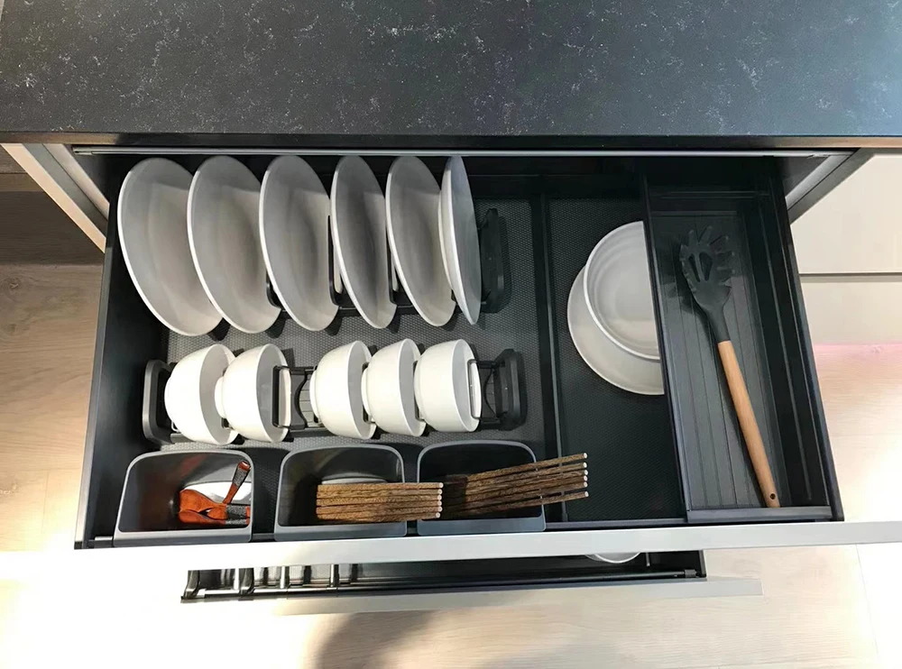 Goldmine Aluminum Slide Out Cabinet Organizers Deep Tableware Pullout Storage Basket High End Dishes Cabinet Pull Out Drawers