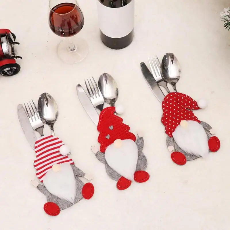 

Christmas Gnomes Tableware Holder Set Faceless Gnomes Knives Forks Silverware Holder Cutlery Bags Party New Year Table Decor