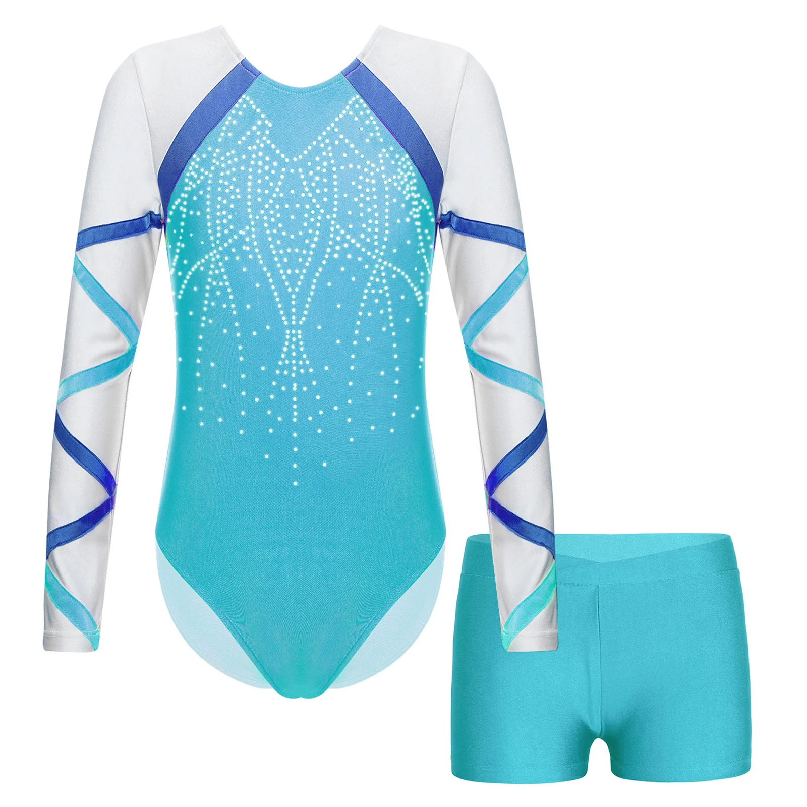 Kids Girls Ballet Gymnastics Outfit Rhinestones Rhythmic Gymnastic Leotard Bodysuit with Shorts Teens Stage Performance Clothes