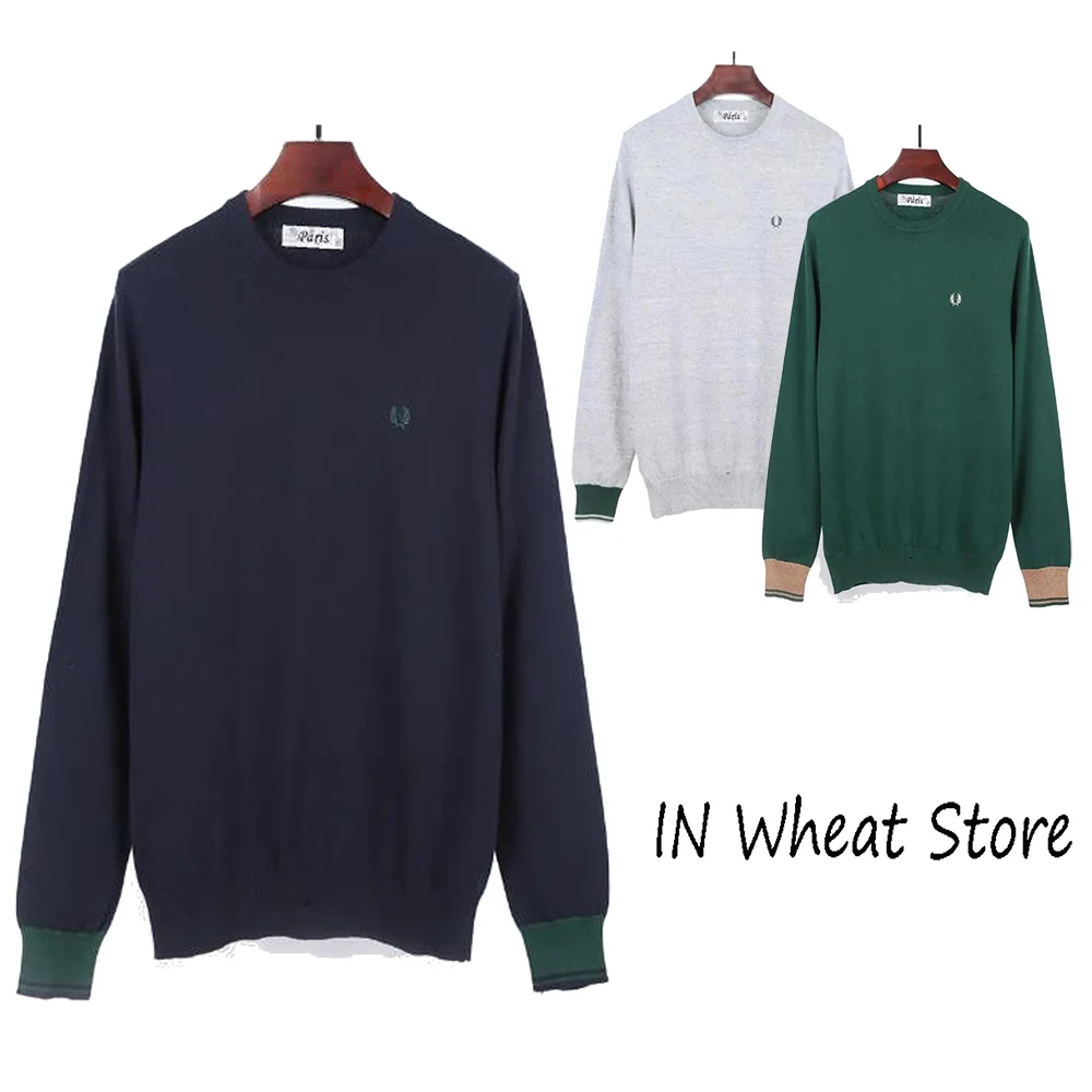 

New Wheat Embroidery Round Neck Cuff Color Matching Long Sleeve British Knitted Men's Casual Sweater 3 Colors