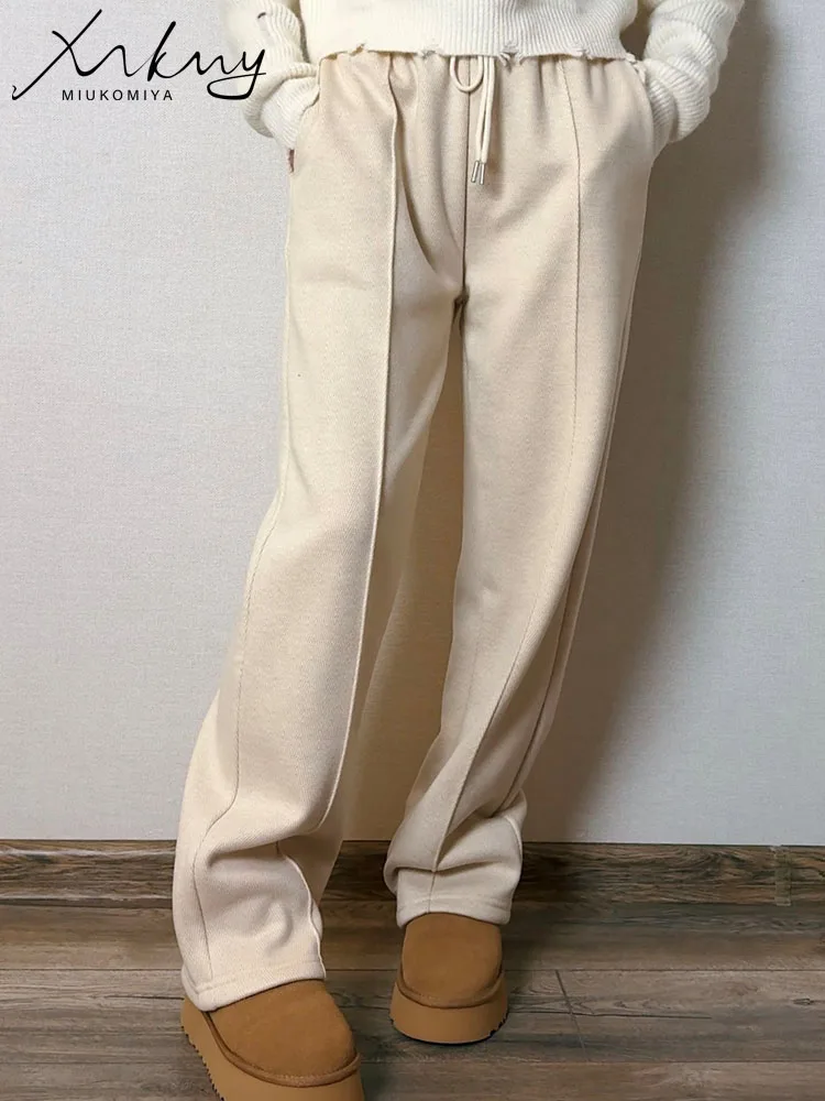 MiuKoMiYa Spring Gray Woolen Pants Women Wide Leg Straight Long Trousers Office Lady High Waist Women Beige Formal Pants Loose 3