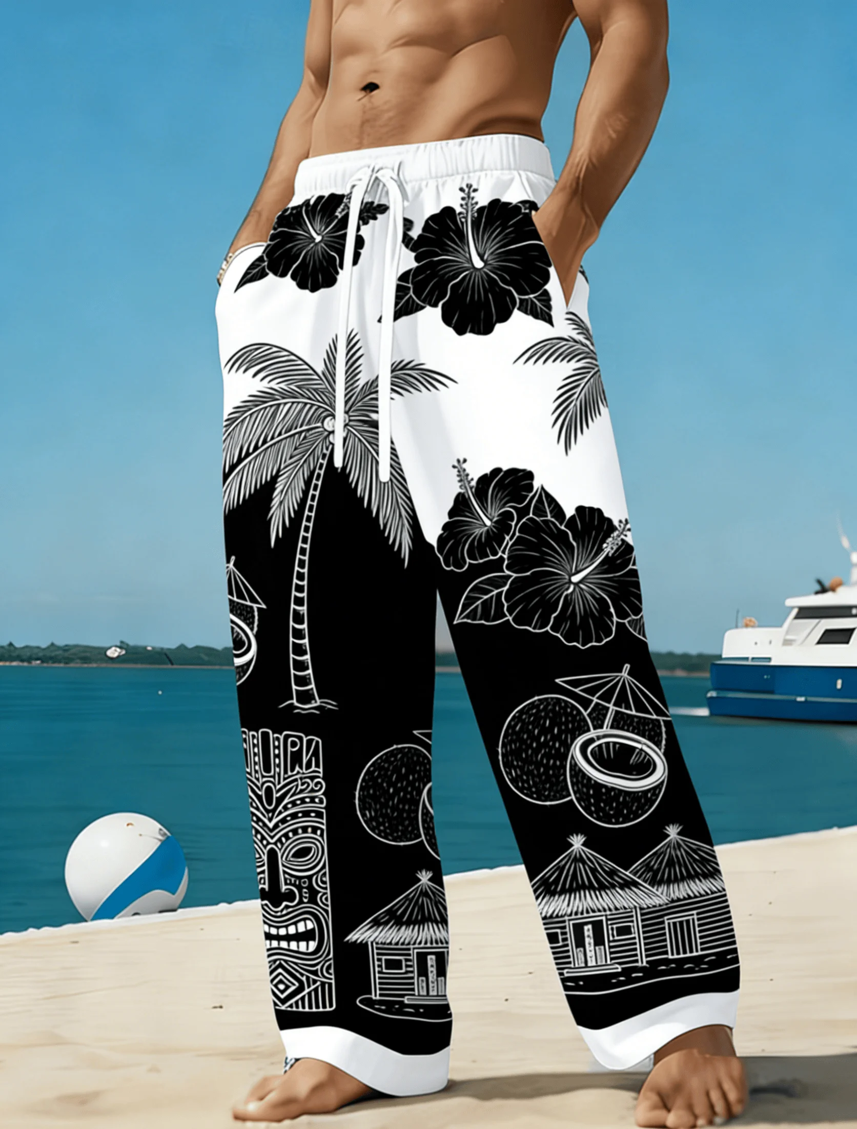 Herren-Freizeithose mit Hawaii-Print, lockere, gerade Hose für Frühling, Sommer und Strandurlaub, bequeme Loungewear mit Kordelzug an der Taille