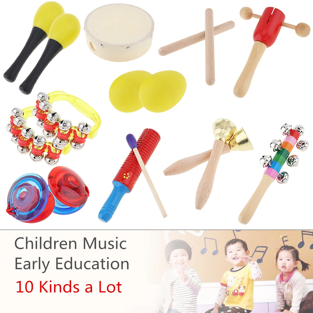 10 Kinds Colorful Musical Instruments Set 6 Inch Drum Percussion Mixed Jingle Bells