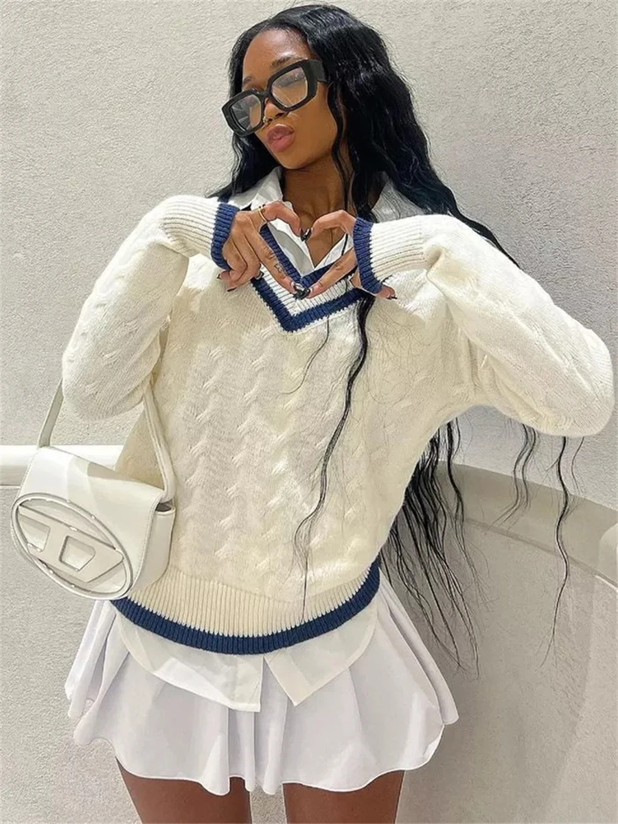wsevypo Vintage Preppy Style Knitted Sweaters Women Fall Winter Long-sleeve  V-neck Loose Pullovers Knitwear Elegant Warm Jumpers - AliExpress