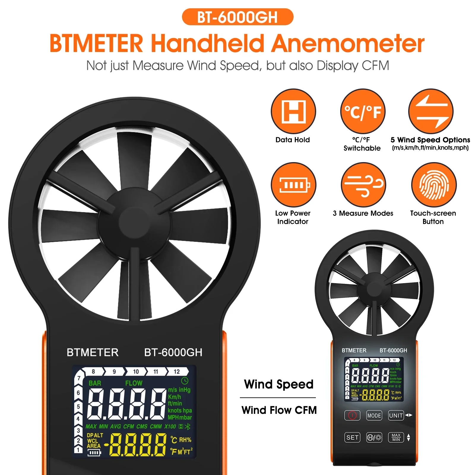 Фото Цифровой анемометр BTMETER, скорость ветра 0,3-30 м/с, сенсорная клавиша, перезаряжаемая температура, средняя, Макс и мин, испытание объема воздуха №2