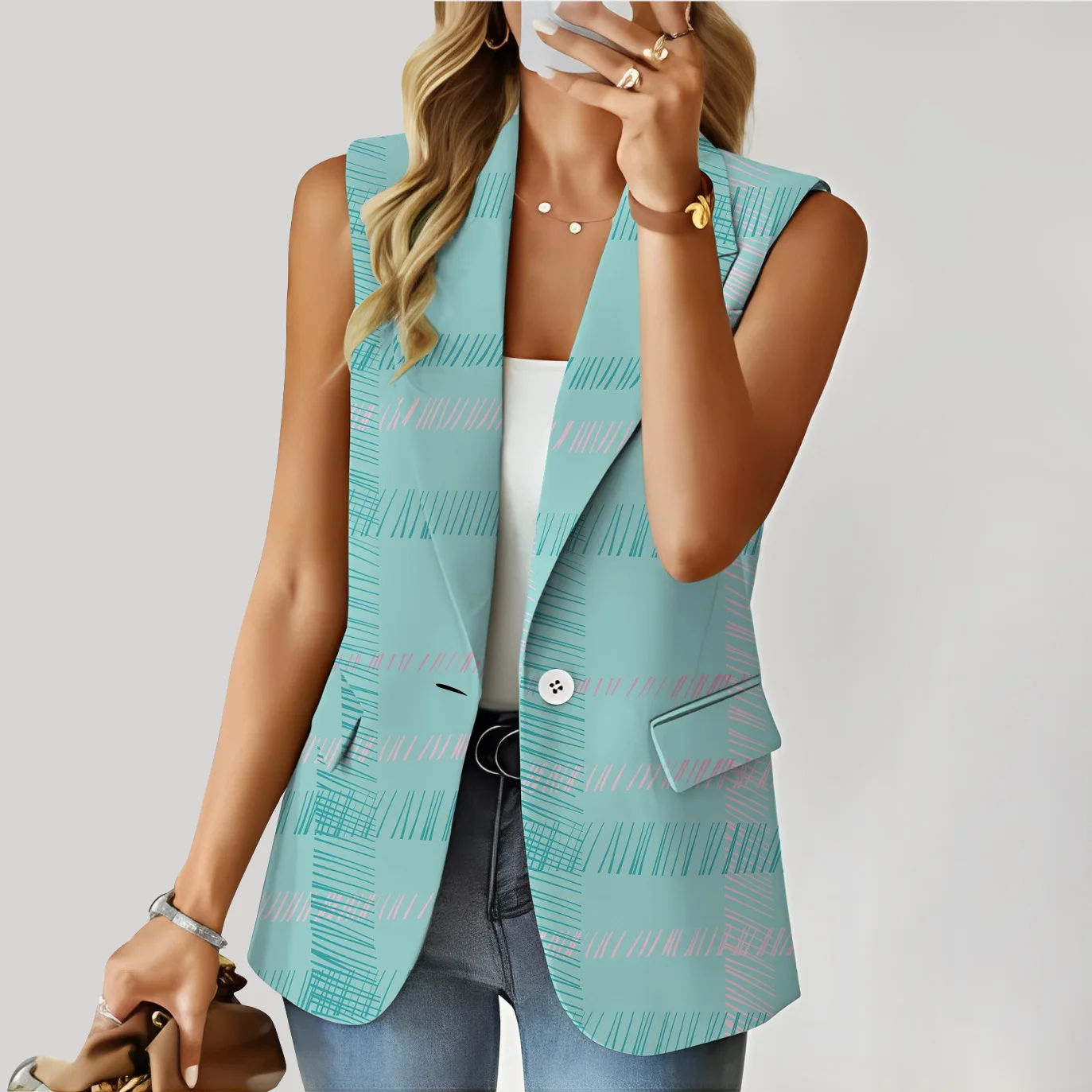 Women Floral Printed Vest Coat Office Ladies Waistcoat Sleeveless Blazer Single Button  Outwear Elegant Top
